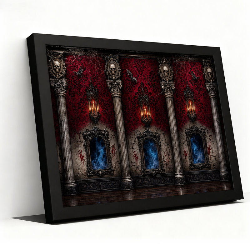 Impression sur toile, colonnes de pierre gothiques avec crânes et damas rouge, H 16 po x l 24 po