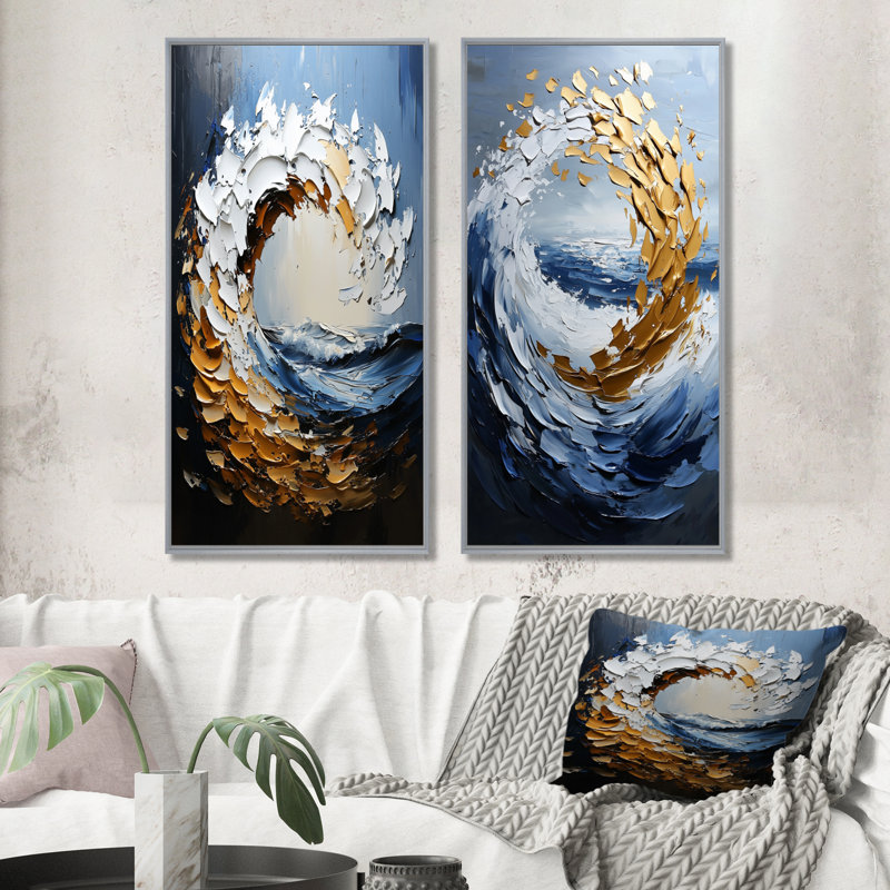 «Gold and Blue Turbulent Waters Spiral I - Abstract Spirals», ensemble de 2 pièces d'art mural, H 32 po x l 32 po