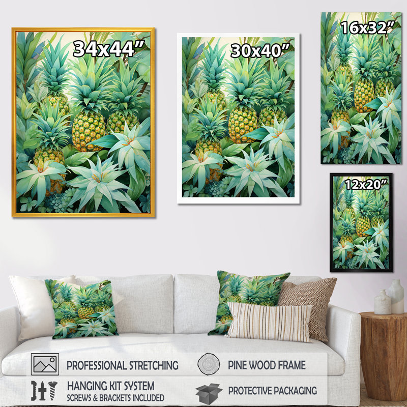 Pineapples, forêt tropicale - Ananas, art mural, Cadre simple noir, H 32 po x l 16 po x P 1 po