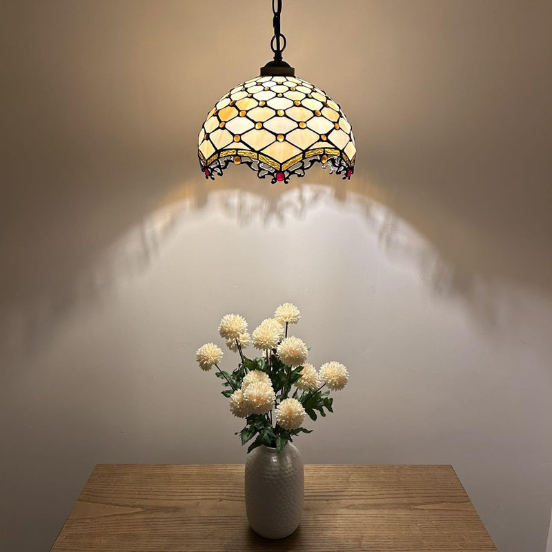 Beige Stained Glass Crystal Bronze Pendant Light with LED Bulb