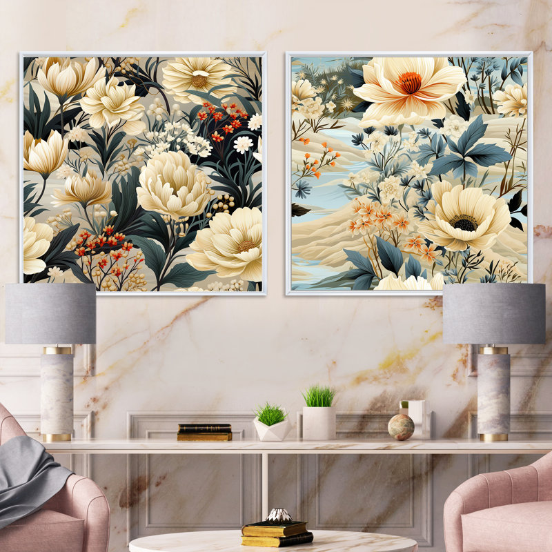 Searcy - Ensemble de 2 collages carrés floral et botanique, Cadre flottant blanc, H 16 po x l 33 po
