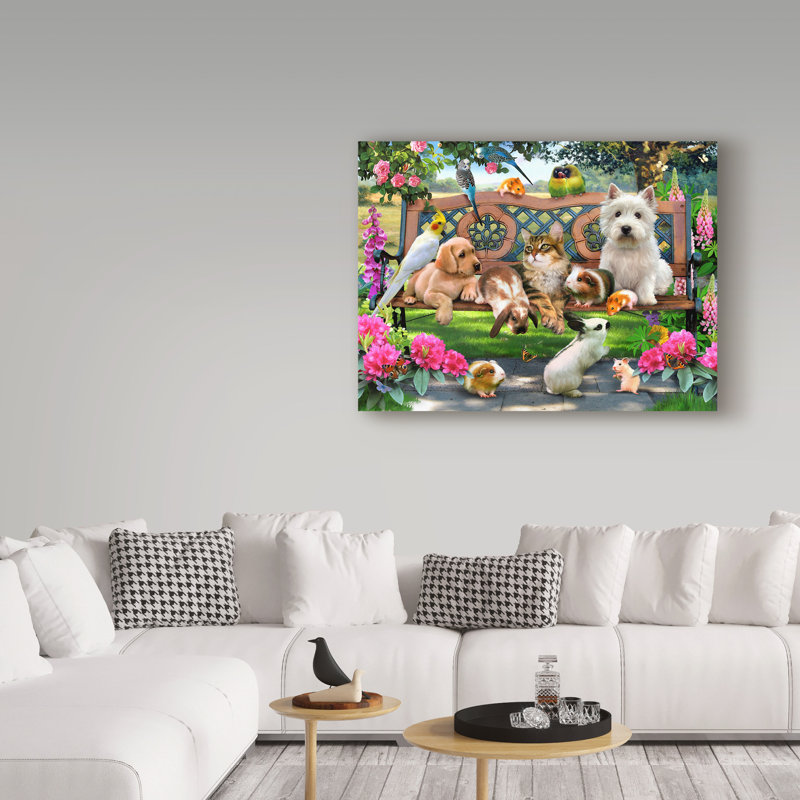 « animaux de compagnie sur banc », reproduction de peinture à l’acrylique sur toile tendue, H 35 po x l 47 po x P 2 po