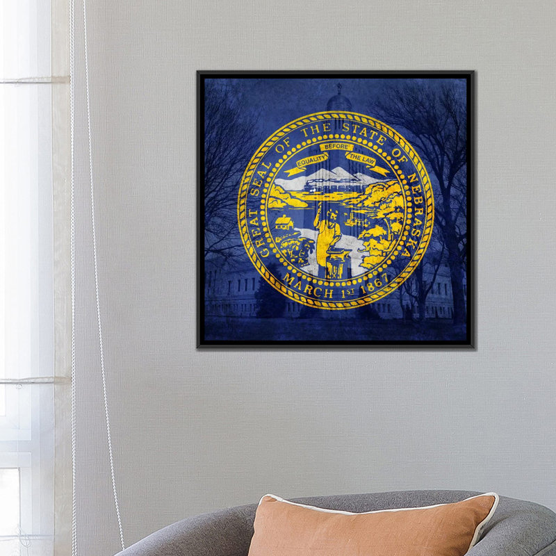 «Flags Nebraska Capitol Building», impression sur toile, H 12 po x l 12 po x P 0,75 po, Pas de tapis, Toile tendue