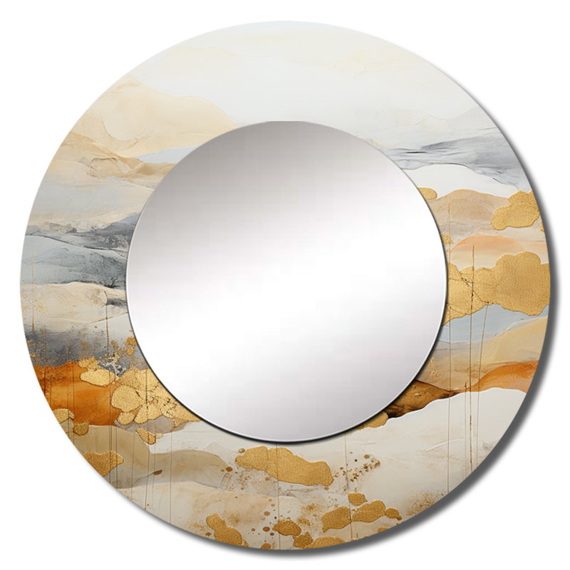 Rino beige et doré Minimal Expression II - miroir mural décoratif de formes abstraites, miroir rond beige, impression d'art en métal
