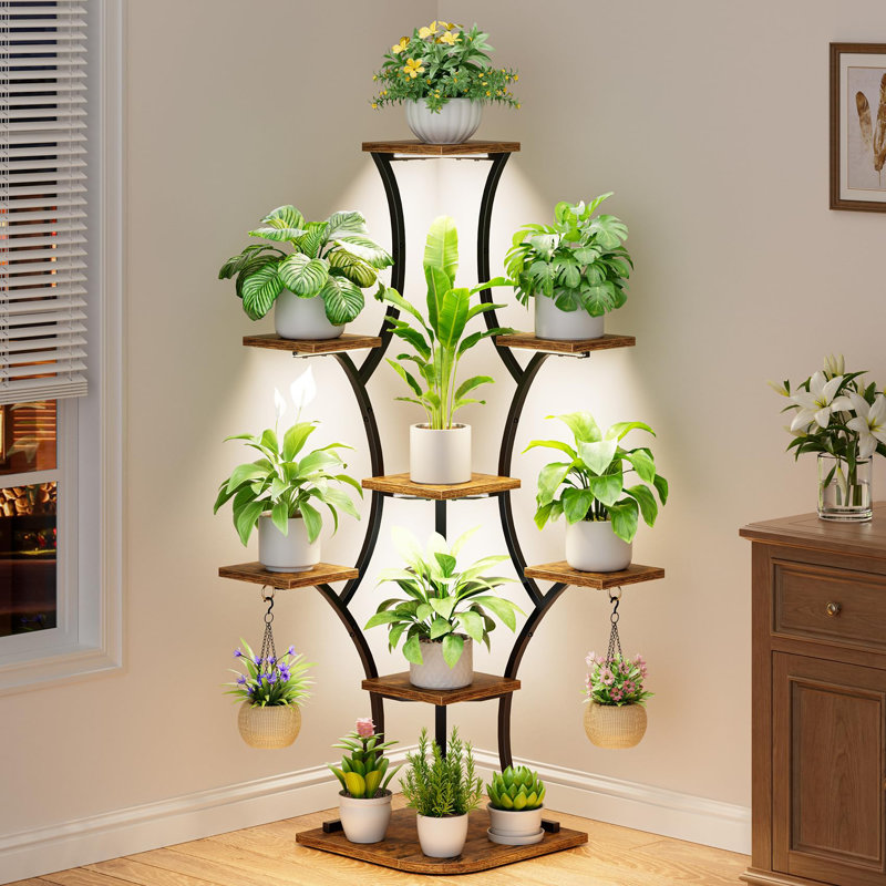 Support pour plante d'angle avec lumière de croissance, tablette à niveaux de 90 degrés avec lumières de minuterie pour plantes d'intérieur, support d'affichage multifonctionnel