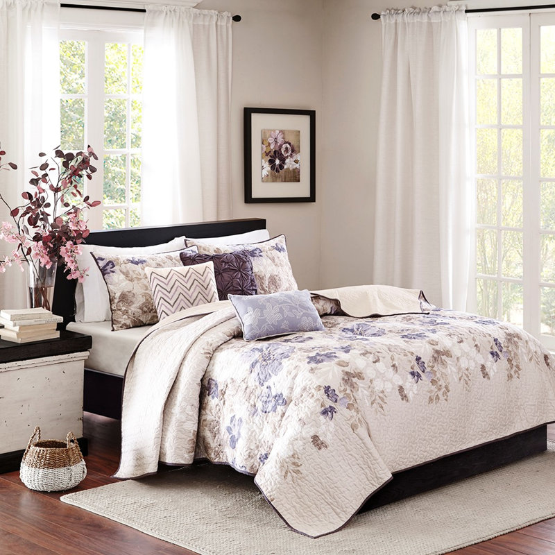 Couette imprimée 6 pièces, taupe, grand lit/queen, motif floral aquarelle, réversible en microfibre, coussins décoratifs avec détails brodés, imprimé grand lit/queen.