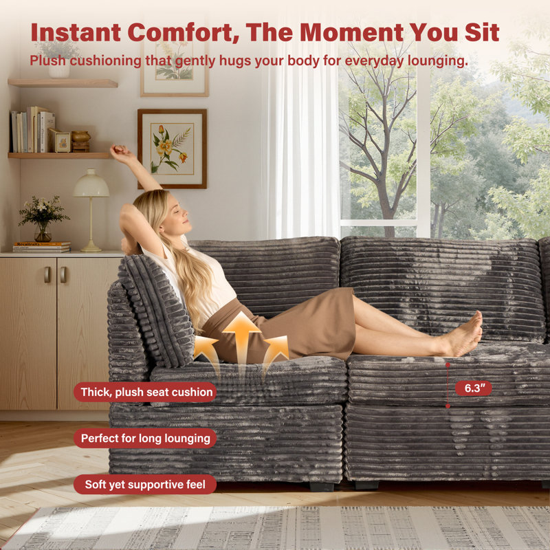 Chaise de coin modulaire, chaise de salon confortable en velours côtelé moelleux et assise profonde, Gris