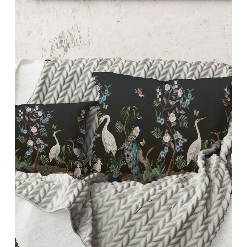 Rectangle, chinoiserie avec oiseaux et pivoines IV - Coussin décoratif traditionnel