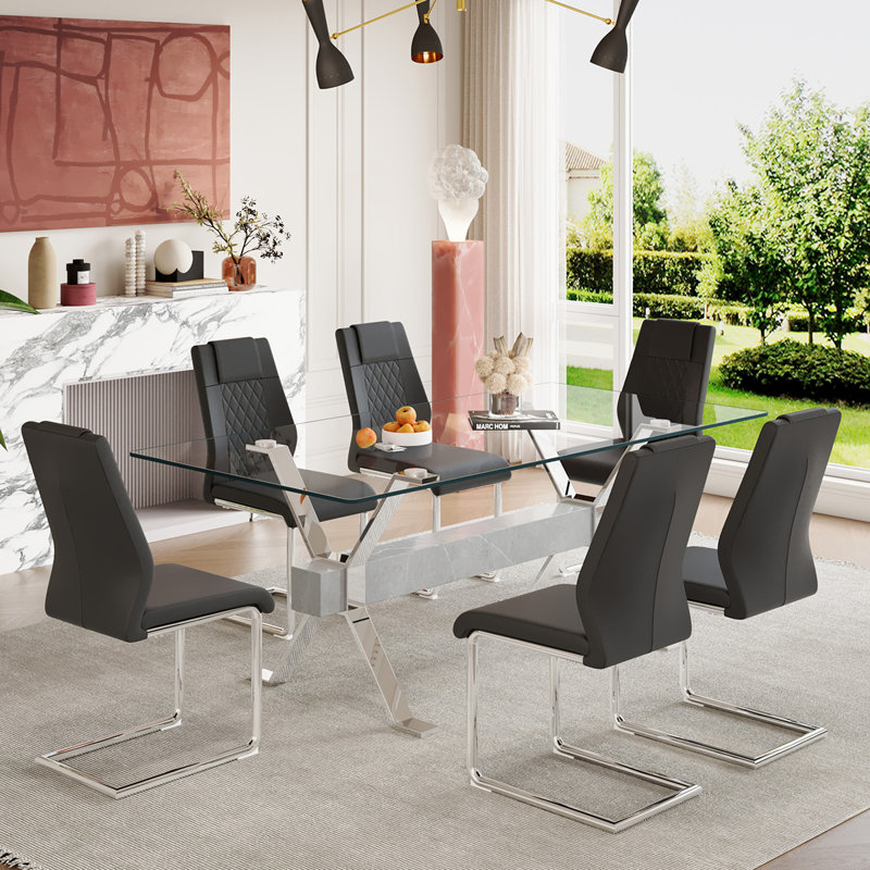 7-Piece Glass Top Dining Table Sets, Silver, 46 cm H x 30 cm W