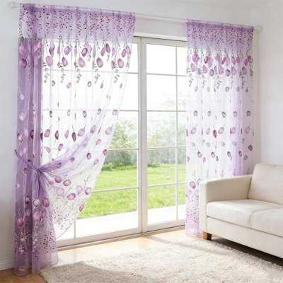 2 Pcs Vintage Curtains Sheer Panels, Tulip Semi Sheer Window Covering, Light & Airy Privacy Sheer Panels for Bedroom Living Room Patio Glass Door,Purple * 2 pack