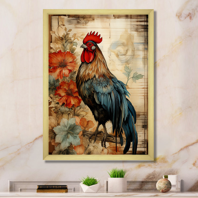 Art mural rétro, coq pastoral rétro, Encadrement doré, H 32 po x l 16 po x P 1 po