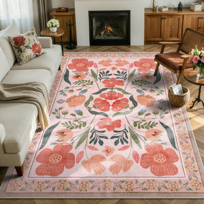 Kaldi Vintage Floral Washable Area Rug with Non-Slip Backing, Soft Botanical Farmhouse Rug for Living Room, Bedroom, Dining Room