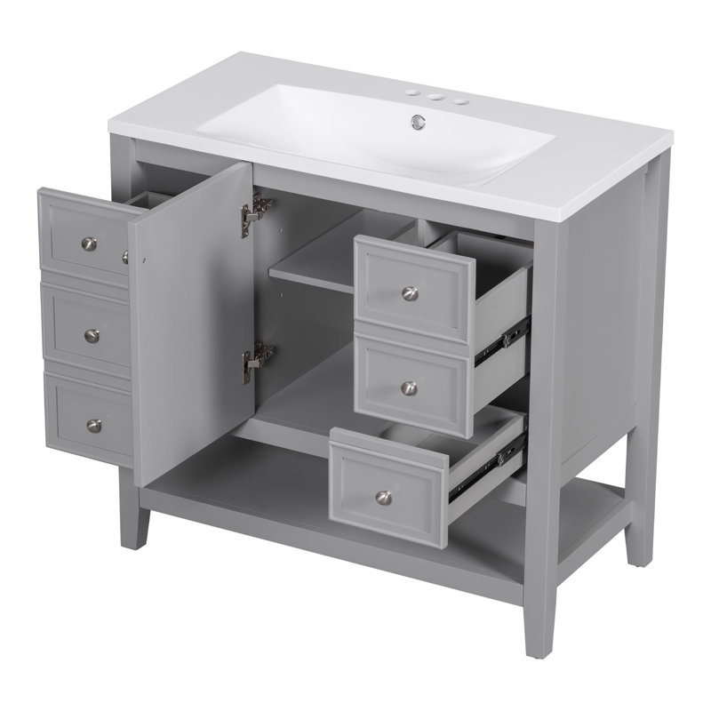Meuble-lavabo 36 po avec lavabo, une armoire et trois tiroirs, panneau de bois massif et panneau de fibres à densité moyenne, gris
