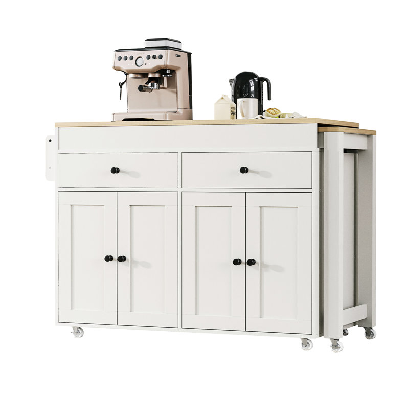 K&K Kitchen Island With Extendable Dining Table, Off White