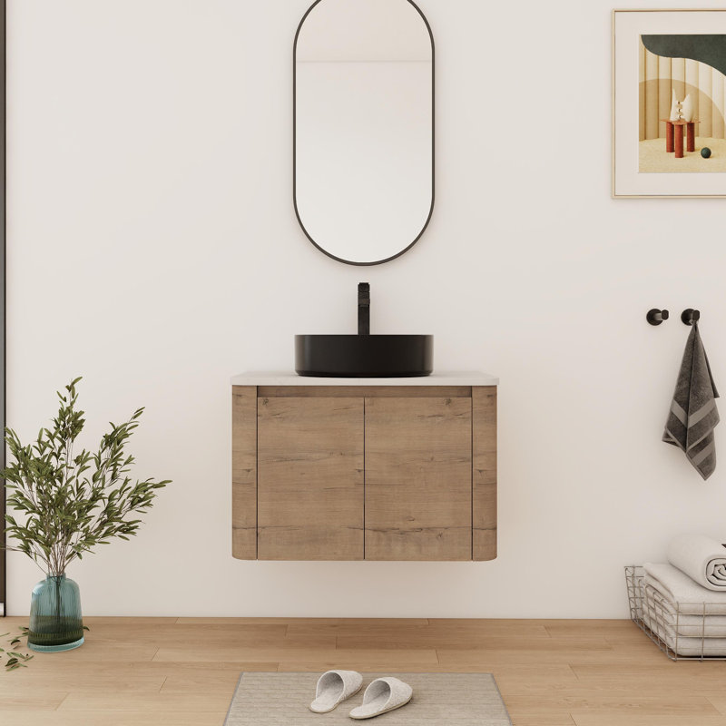 Meuble-lavabo flottant simple 30 po avec comptoir en céramique, Brun, 30", Noir mat