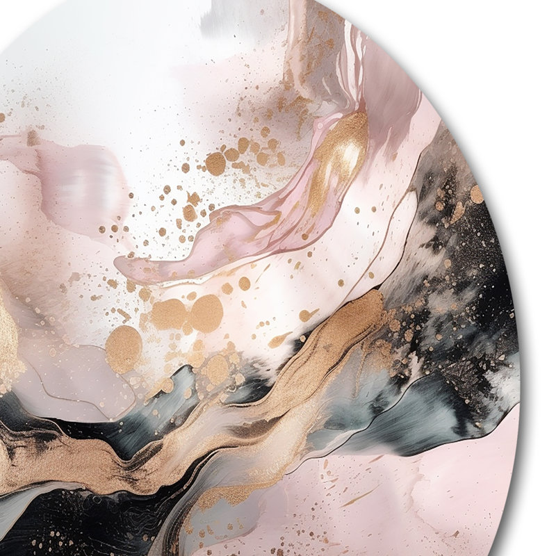 «Pink Gold Texture» Splash Marble IV - Art abstrait rond en marbre sur métal, H 29 po x l 29 po x P 1 po