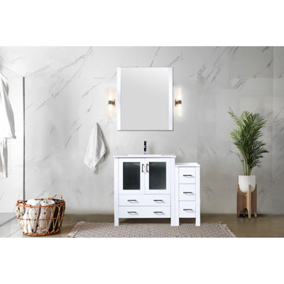 42 In. Bath Vanity In White, Side Cabinet, Ceramic Top, Faucet, 28 Mirror - To Damage And Scratches White With Stain- Robust