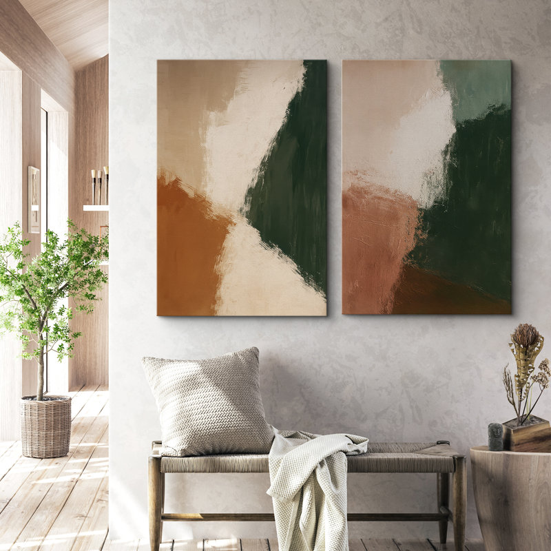 Earth Tone Abstract Color Shapes Duo Contemporary Modern Design – Pictures Framed Canvas Print 2 Pieces Wall Art