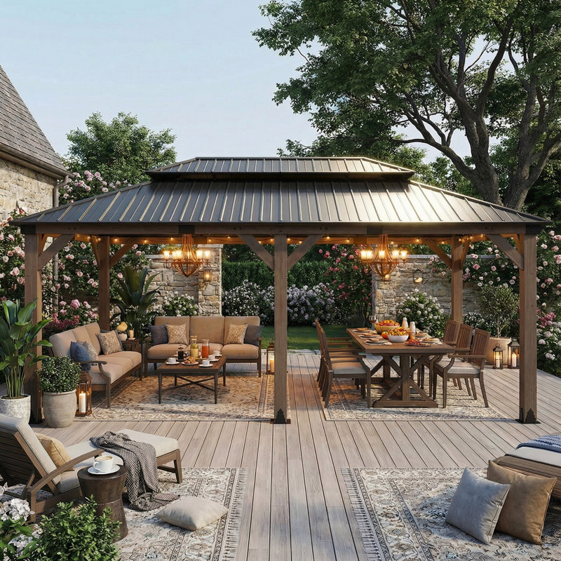 12 pi. X 20 pi Pavillon de jardin en cèdre avec toit rigide en métal double