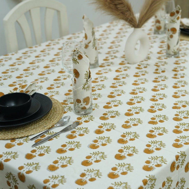 Red Barrel Studio® Bohemian Handmade Block Print Yellow Floral Dining Table Cloth- Rishi (4 Seater), 60" Square