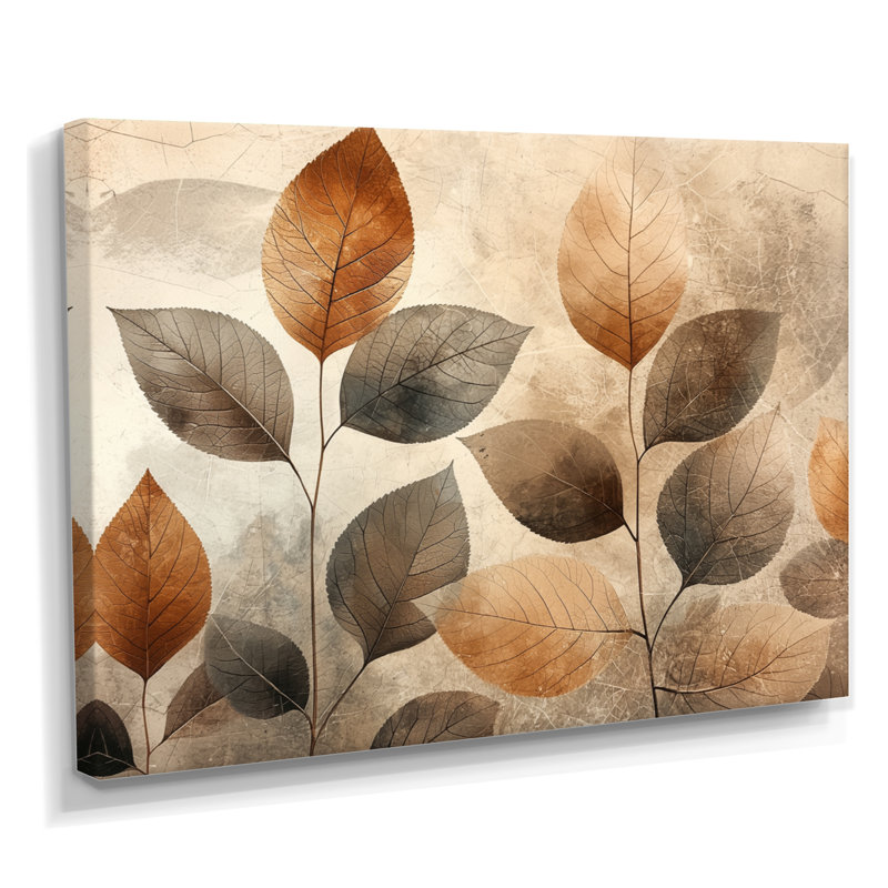 Taupe, feuilles, mosaïque, collage III - feuilles, art mural, H 16 po x l 32 po, Toile tendue, Ne s’applique pas