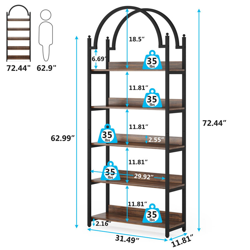 5-Shelf Arched Bookcase, Industrial Metal Etagere Open Bookshelf, Rustic Wood Shelf With Black Metal Frame(1, Brown+Black)