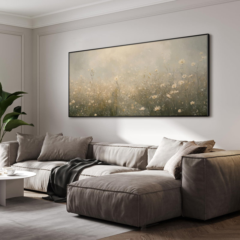Extra Large Wall Art Fabric Print - Soft Light Wildflower Field in Morning Haze Artwork Decor for Living Room or Bedroom - "Frame Assembly Required (Unfinished Frame)"