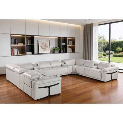 Canapé modulaire en U inclinable électrique en cuir gris clair de 12 pièces avec console