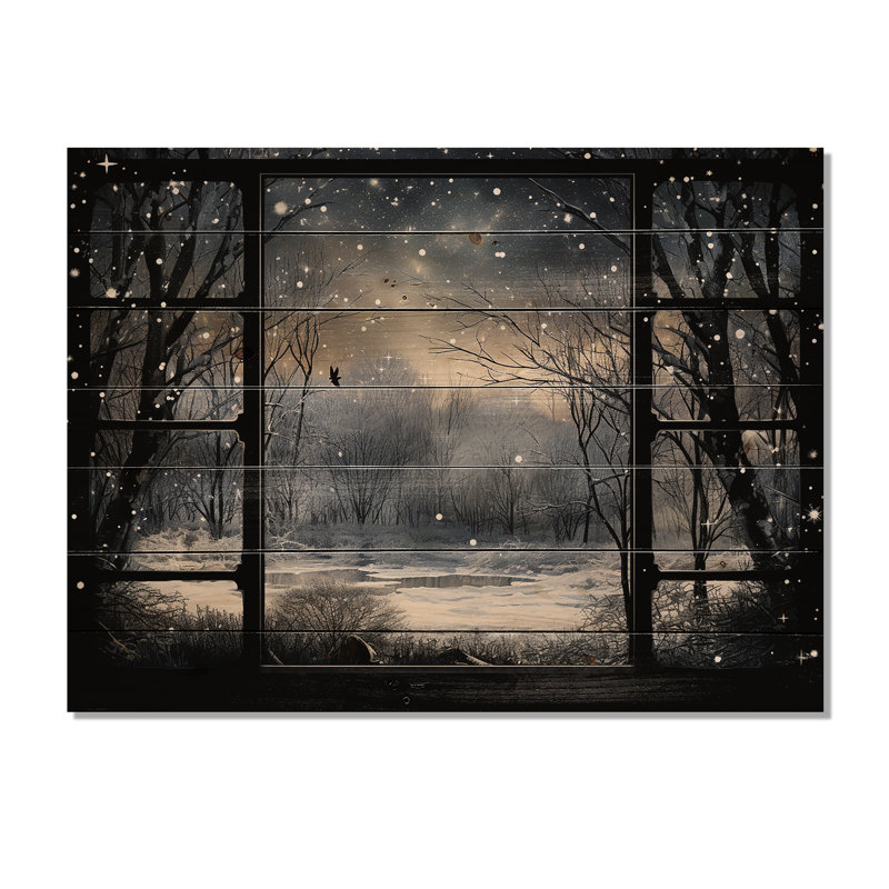 «Midnight Gothic Winter Window View I - Winter Landscape on Wood Print», H 10 po x l 20 po