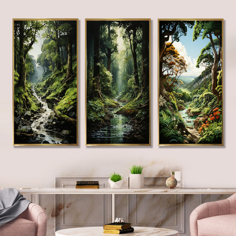 River Into Enchanted Woods - Ensemble de 4 décorations murales forêt, Cadre flottant doré, H 28 po x l 36 po