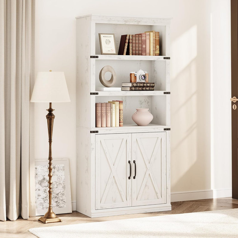 5 Tier Bookshelf With Storage, 68.7'' Tall Bookcase, Wooden Storage Cabinet, White