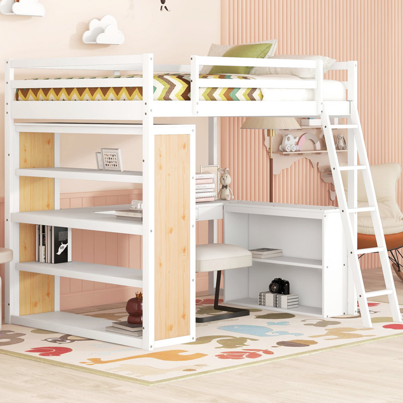 Full Size Loft Bed In White With Useful Desk And Shelves, Solid Build Structure , - Comfortable Living Space