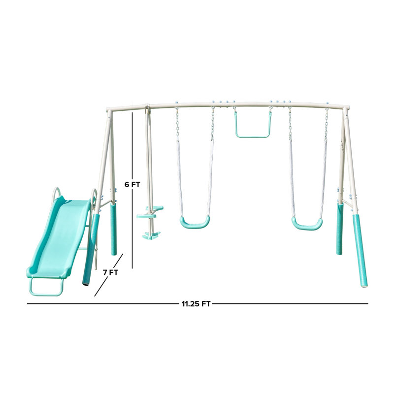 Teal Metal Swing Set with Slide and Trapeze