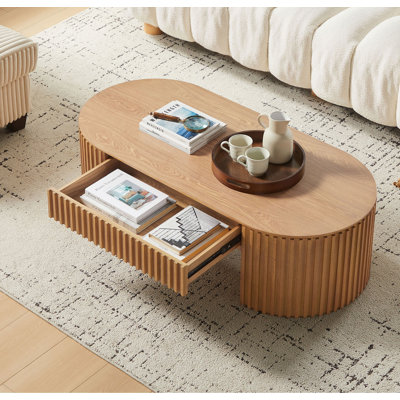 Table basse ovale en bois de 51,18 po avec tiroir de style Mid-Century moderne, table basse unique pour meubles de salon, table de thé chêne