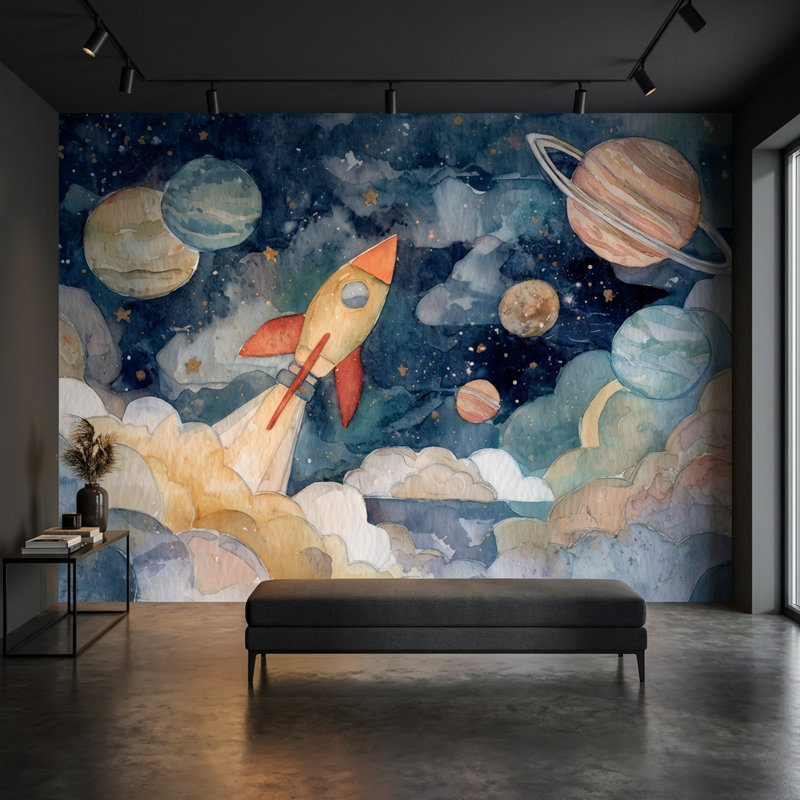 Space Rocket Wallpaper Planets Whimsical Wall Mural, Textured Non-Pasted, 160"x108"