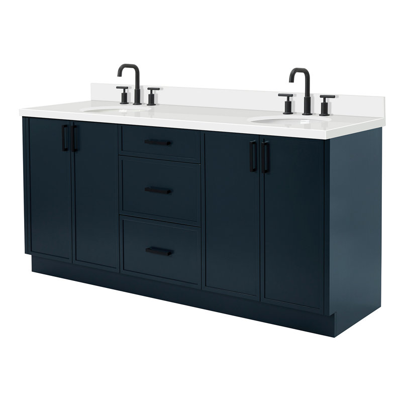 ARIEL Kelly 73 Double Sink Bathroom Vanity with Pure Quartz Top, Midnight Blue, Oval, Pure White Quartz