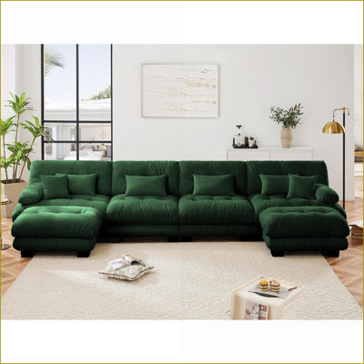 Canapé modulaire en forme de U à 4 places avec 2 repose-pieds pour salon | Vert sauge | Chenille
