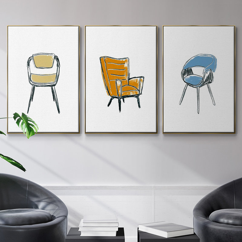 «Take a siège I», ensemble de 3 reproductions encadrées sur toile, Encadrement doré, H 48 po x l 96 po x P 2 po