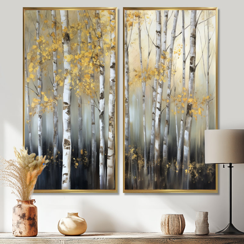 Birch Tree Dense Forest I - Paysages, art mural sur toile, 2 pièces, H 20 po x l 24 po, Impression encadrée flottante, Doré