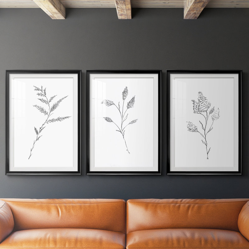 Croquis floral - reproduction encadrée sur mesure de qualité supérieure mate - 3 pièces, H 21 po x l 30 po, Noir
