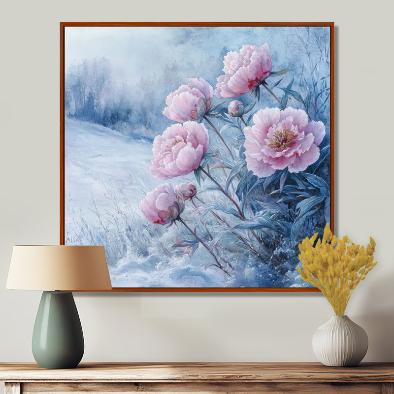 Pivoines dans le champ couvert de givre II - pivoines, art mural, Impression encadrée flottante, Brun, H 16 po x l 16 po