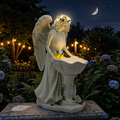 Statue de bain d'oiseau solaire en résine avec couronne de fleurs DEL