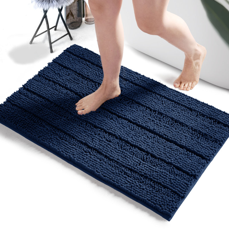 1 Pc Non-Slip Soft Plush Shaggy Striped Bathroom Rugs, 20"W x 17"L, Navy Blue