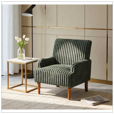 Chaise d'appoint moderne avec velours côtelé, pieds en bois massif et fauteuil rembourré confortable de couleur vert armée pour le salon
