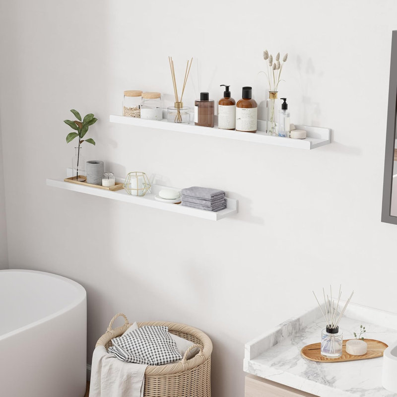 Tablettes latérales flottantes en bois massif avec rebord 36 pouces - Rangement mural pour le salon, la chambre de bébé, la salle de bain (ensemble de 2, blanc délavé)