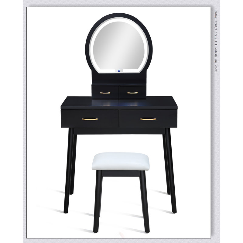 3Pc Vanity Table And Stool Set With LED-Lit Mirror, Spacious Storage, And Gold Accents For Modern Elegance And Functionality