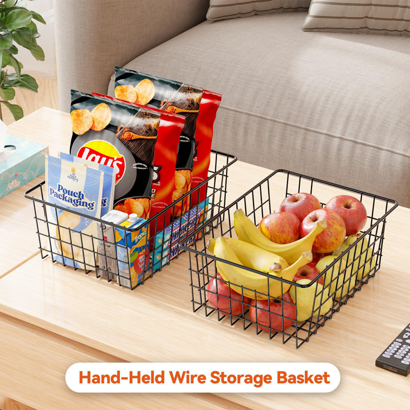 Wire Basket for Organizing and Storage, Sturdy Steel Metal Basket Bin with Handle, Black