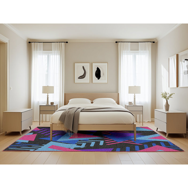 Tapis rose/mauve/bleu tissé à la machine électrique, Rectangle 5 pi x 8 pi