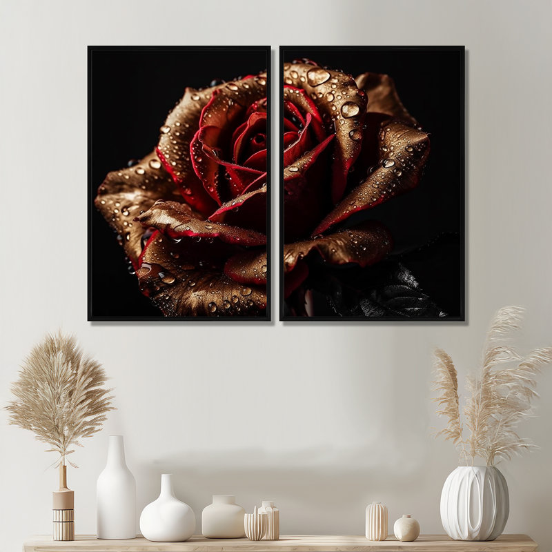 «Morning Dew On Exquiste Red Rose», art mural rouge, Black, 36" H x 48" W, Impression encadrée flottante