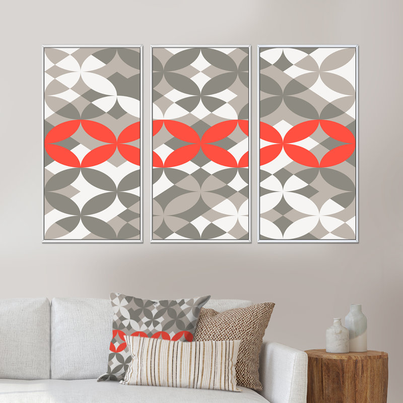 Fleur rouge sur fond gris et blanc - ensemble de 3 toiles encadrées, H 32 po x l 48 po x P 1 po, Blanc